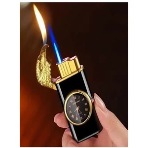 Hk Gift Shop Kartallı Çift Alev Saatli Çakmak Rüzgarda Sönmez Turbo Gazlı Çakmak