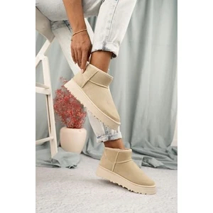 Mini Bej Süet Yarım Bot Içi Tüylü Düz Taban Kadın Ayakkabı Bot