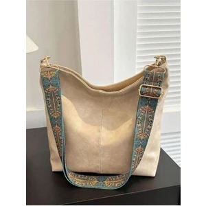 Krem Kadın Lüks Omuz Çantası Desenli Askılı Fermuarlı Kaliteli Işçilik ve Yumuşak Suni Deri