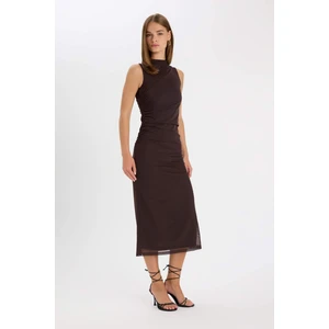 Bodycon Vücudu Saran Yarım Balıkçı Yaka Basic Düz Tül Kolsuz Maxi Abiye Elbise C3519AX24AU