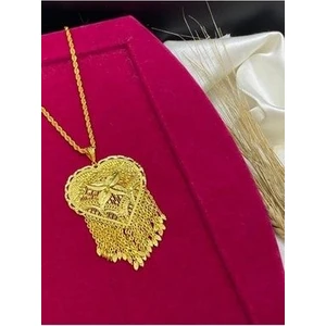 Sevgi Gold İmitasyon 22 Ayar Altın Kaplama Çiçek Desen Zincirli Hint Model Kolye