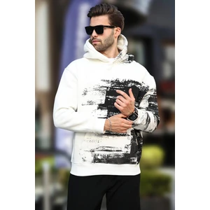 Ekru Kapüşonlu Desenli Cep Detaylı Erkek Sweatshirt 7059
