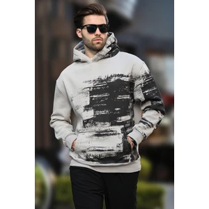 Boyalı Gri Kapüşonlu Desenli Cep Detaylı Erkek Sweatshirt 7059
