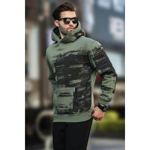 Haki Kapüşonlu Desenli Cep Detaylı Erkek Sweatshirt 7059