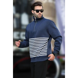 Lacivert Fermuar Yakalı Çizgili Sweatshirt 7056