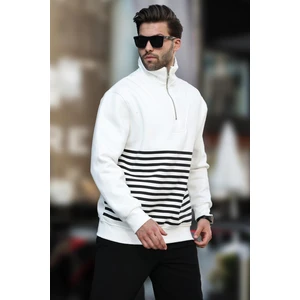 Ekru Fermuar Yakalı Çizgili Sweatshirt 7056