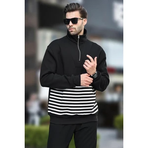 Siyah Fermuar Yakalı Çizgili Sweatshirt 7056
