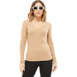 Go Veform Kadın V Yaka Uzun Kollu Bluz Camel ZN5116