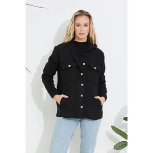 Go Veform Kadın Kapüşonlu Gömlek Düğmeli Cepli Kaşe Ceket Siyah ZN5089