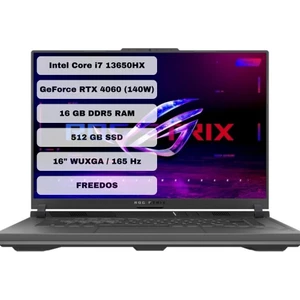 ROG Strix G16 G614JV-N3110 Intel Core i7 13650HX 16GB 512GB SSD RTX4060-140 WATT Freedos 16" WUXGA 165Hz Taşınabilir Bilgisayar