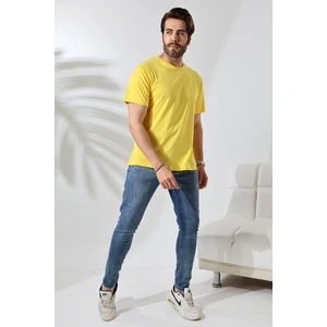Erkek Pamuklu Penye Kompakt Bisiklet Yaka Comfort Fit Basic T-Shirt 21751 Açık Sarı