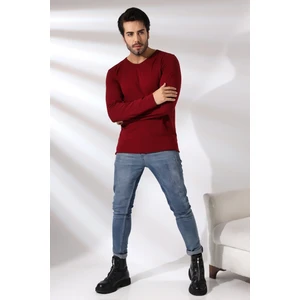 Compact Penye Likralı Regular Fit Uzun Kol Pis V Yaka T-Shirt 19698 Bordo