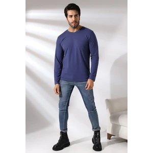 Compact Penye Likralı Regular Fit Uzun Kol Pis V Yaka T-Shirt 19698 Indigomelanj