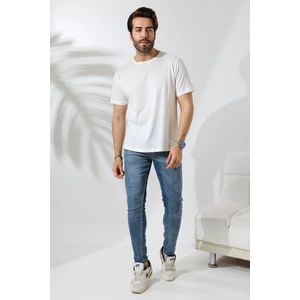 Erkek Pamuklu Penye Kompakt Bisiklet Yaka Comfort Fit Basic T-Shirt 21751 Ekru
