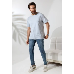 Erkek Pamuklu Penye Kompakt Bisiklet Yaka Comfort Fit Basic T-Shirt 21751 Buz Mavi