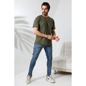 Erkek Pamuklu Penye Kompakt Bisiklet Yaka Comfort Fit Basic T-Shirt 21751 Haki