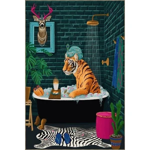 Rugs Modern Çok Renkli Sürrealist Küvet Kaplan Ve Geyik Desenli Modern Dekoratif Halı 3533