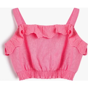 Crop Keten Bluz Askılı Fırfır Detaylı