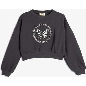 Oversize Sweatshirt Kelebek Baskılı Uzun Kollu Bisiklet Yaka Pamuklu