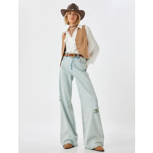 Yırtık Kot Pantolon Düşük Bel Düğmeli Bol Paça Pamuklu - Loose Straight Fit Jean