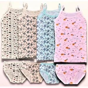 Poli Underwear Yakamoz Toptan 4 Adet Likralı Kız Çocuk Desenli Pamuklu Atlet Kilot Slip Takım