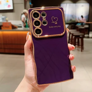 Seashell Digital Samsung Galaxy S24 Ultra Kılıf Dalga Çerçeveli Aşk Kalpli Yükseltilmiş Kamera Koruma Tpu Kapak-Koyu Mor (Yurt Dışından)