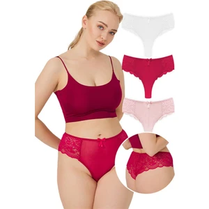 Dantelli Tül Detaylı Büyük Beden Kadın Brezilya 3'lü Paket Külot - 2