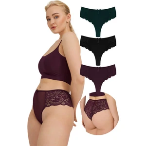 Dantelli Tül Detaylı Büyük Beden Kadın Brezilya 3'lü Paket Külot