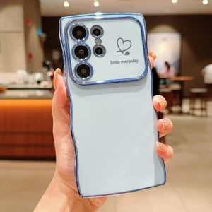 Seashell Digital Samsung Galaxy S23 Ultra Kılıf Dalga Çerçeveli Aşk Kalpli Yükseltilmiş Kamera Koruma Tpu Kapak-Mavi (Yurt Dışından)