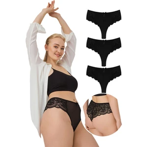 Dantelli Tül Detaylı Büyük Beden Brezilya 3'lü Paket Külot - 3