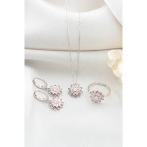 Silvano Jewelry 925 Ayar Gümüş Kutulu Pembe Taşlı Lotus Çiçeği Takı Seti