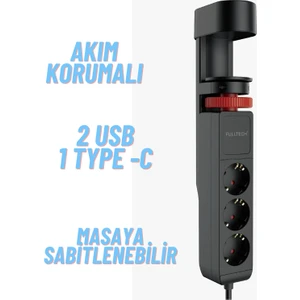 Akım Korumalı Priz Masa Kenarı Ayarlanabilir 3 Priz + 2 USB + 1 Type C Güç Düğmeli Girişli Priz Ftr-19