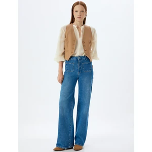 Geniş Paça Kot Pantolon Yüksek Bel Cep Detaylı Düğmeli -  Wide Leg Jean