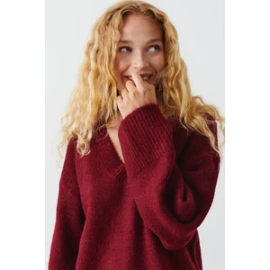 Bordo V Yaka Oversize Kadın Triko Kazak MG2149