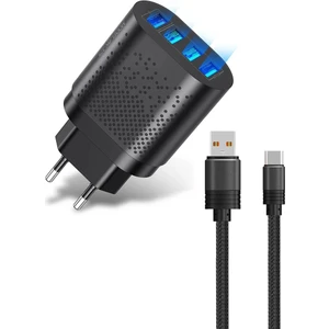 48 W 3 Amper 4 USB Portlu Hızlı Şarj Cihaz - Çoklu Şarj - Siyah + 3 A Hızlı Şarj Kablosu
