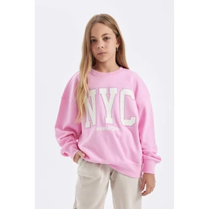 Kız Çocuk Pembe Oversize Geniş Kalıp Bisiklet Yaka Baskılı Okul Sweatshirt C7778A824AU