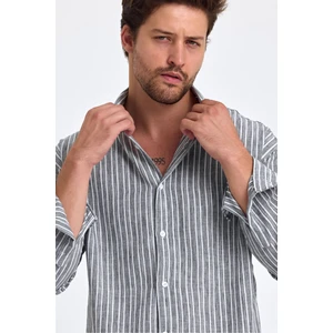 Cool Tarz Erkek Klasik Fit Normal Kesim Uzun Kollu  Pamuk Keten Doku Kol Katlamalı Çizgili Gömlek