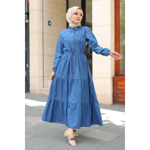 Pamuk Butik Kadın Cepli Büzgü Detaylı Kot Elbise