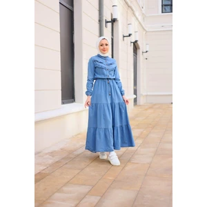 Pamuk Butik Kadın Fırfır Detaylı Kot Elbise