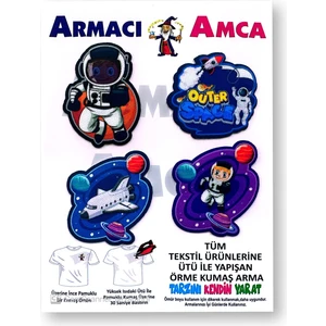 Armacı Amca Ütü Ile Yapışan Örme Kumaş Arma Pratik Yama Tekstil Patch 4 Adet Nasa Astronot Uzay Uzay Aracı Gezegen