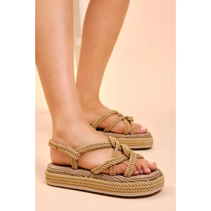 Halat Sandalet Gold Düğümlü Yüksek Taban