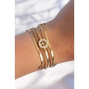 316L Çelik Gold Renk Italyan Zincir Detaylı Zirkon Taşlı Yaşam Ağacı Tasarımlı Çoklu Bileklik