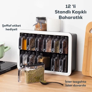 Premium 1041 Kendinden Yapışkanlı Kaşıklı Kapaklı Baharatlık Takımı Siyah Beyaz 12'li