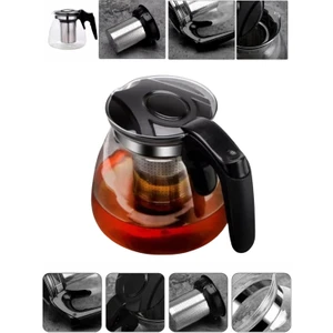 Çelik Süzgeçli Siyah Kulp Cam Çaydanlık Demlik 1.1 Litre Çay Bitki Demliği