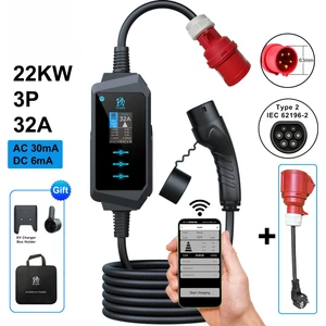 32A 3 Faz Tip 2 Şarj Kablosu 22KW Wıfı-App Özellikli 5m Ev Şarj Cihazı Elektrikli Araç Şarj Kablosu Cee Fişli, Değiştirilebilir Akım 8/10/13/16/25/32A, IP67