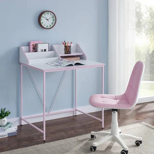 Adore Mobilya Retro Metal Ayaklı Bölmeli Çalışma Masası-Pembe/Beyaz 90x75x50 Cm