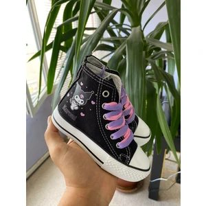 Kuromi Yıldız ve Kalp Baskılı Siyah Uzun Bilekli  Günlük Spor Ayakkabı Sneaker