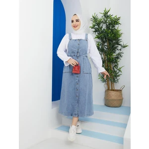 Pamuk Butik Kadın Kot Bahçıvan Salopet Uzun Kol Kare Yaka Düz Desen Mavi Renk