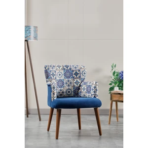 Berjer Koltuk-cafe-ofis-balkon-teras-bahçe-lacivert desenli kumaş-kahverengi ayak