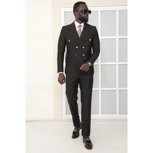 Dewsa Plus Sivri Yaka Metal Düğmeli Çift Yırtmaç Slim Fit Düz Siyah Kruvaze Takım Elbise